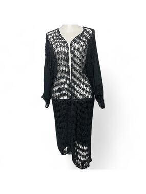 Lily 100% Silk Crochet Black Knit Open Front Cardigan Floral Embellishment Sz 2x